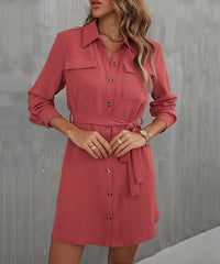 Button Down Belted Long Sleeve Shirt Dress - Trendsi