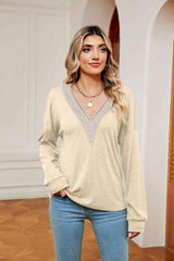 Contrast V-Neck Long Sleeve Blouse - Trendsi