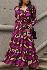 Printed Tied Pocketed Lantern Sleeve Dress - Flyclothing LLC