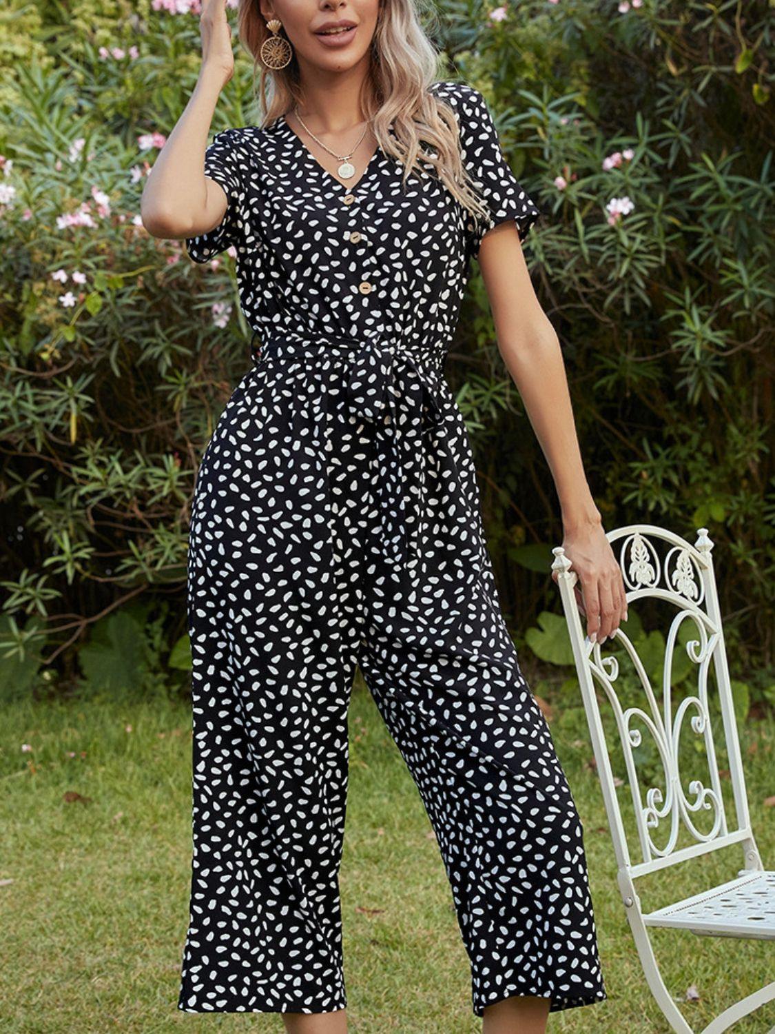 Printed V-Neck Short Sleeve Jumpsuit - Flyclothing LLC