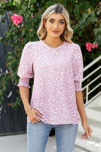 Polka Dot Round Neck Lantern Sleeve Blouse - Flyclothing LLC