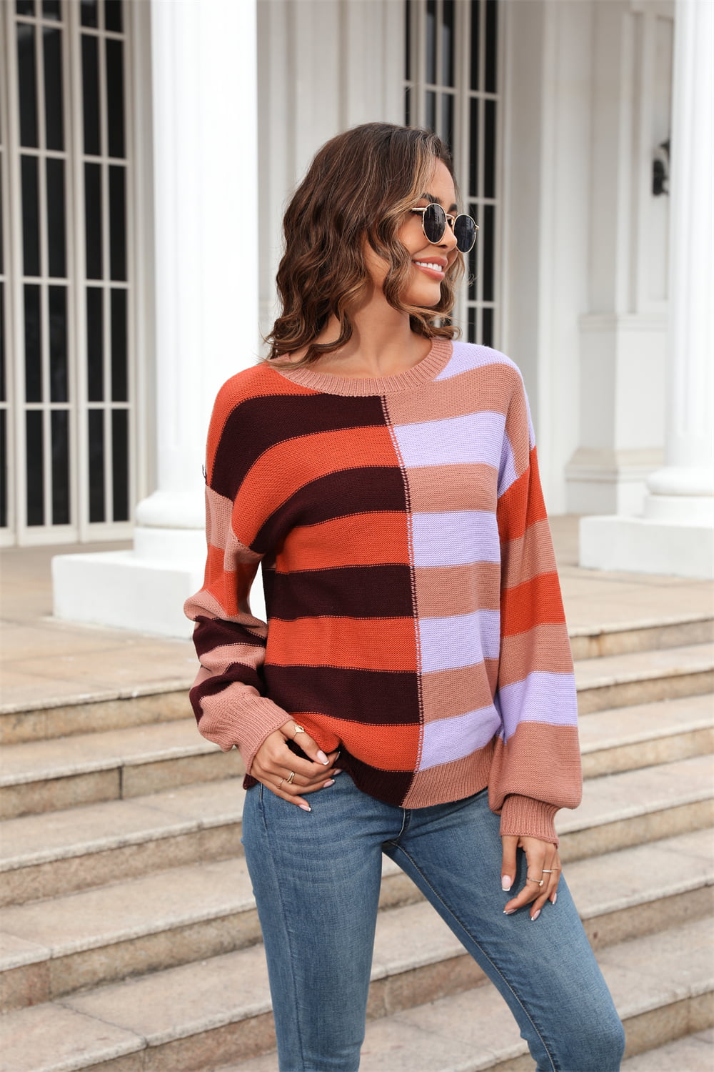 Round Neck Long Sleeve Color Block Dropped Shoulder Pullover Sweater - Flyclothing LLC