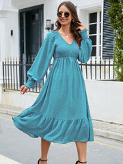 Swiss Dot V-Neck Smocked Lantern Sleeve Ruffle Hem Dress - Flyclothing LLC