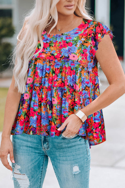 Floral Round Neck Frill Trim Blouse - Flyclothing LLC