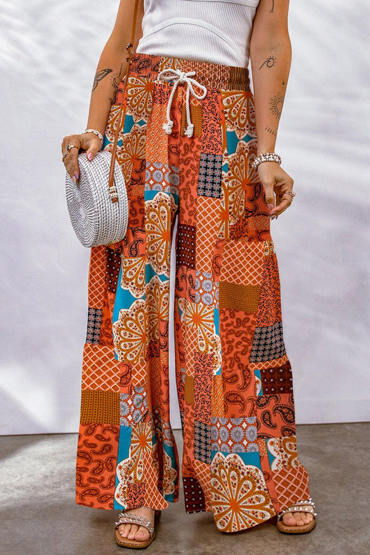 Bohemian Patchwork Drawstring Wide Leg Pants - Flyclothing LLC