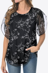 Printed Round Neck Curved Hem Blouse - Flyclothing LLC