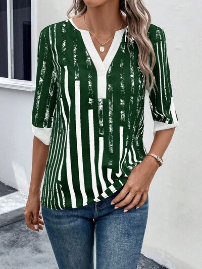 Striped Notched Half Sleeve Blouse - Flyclothing LLC