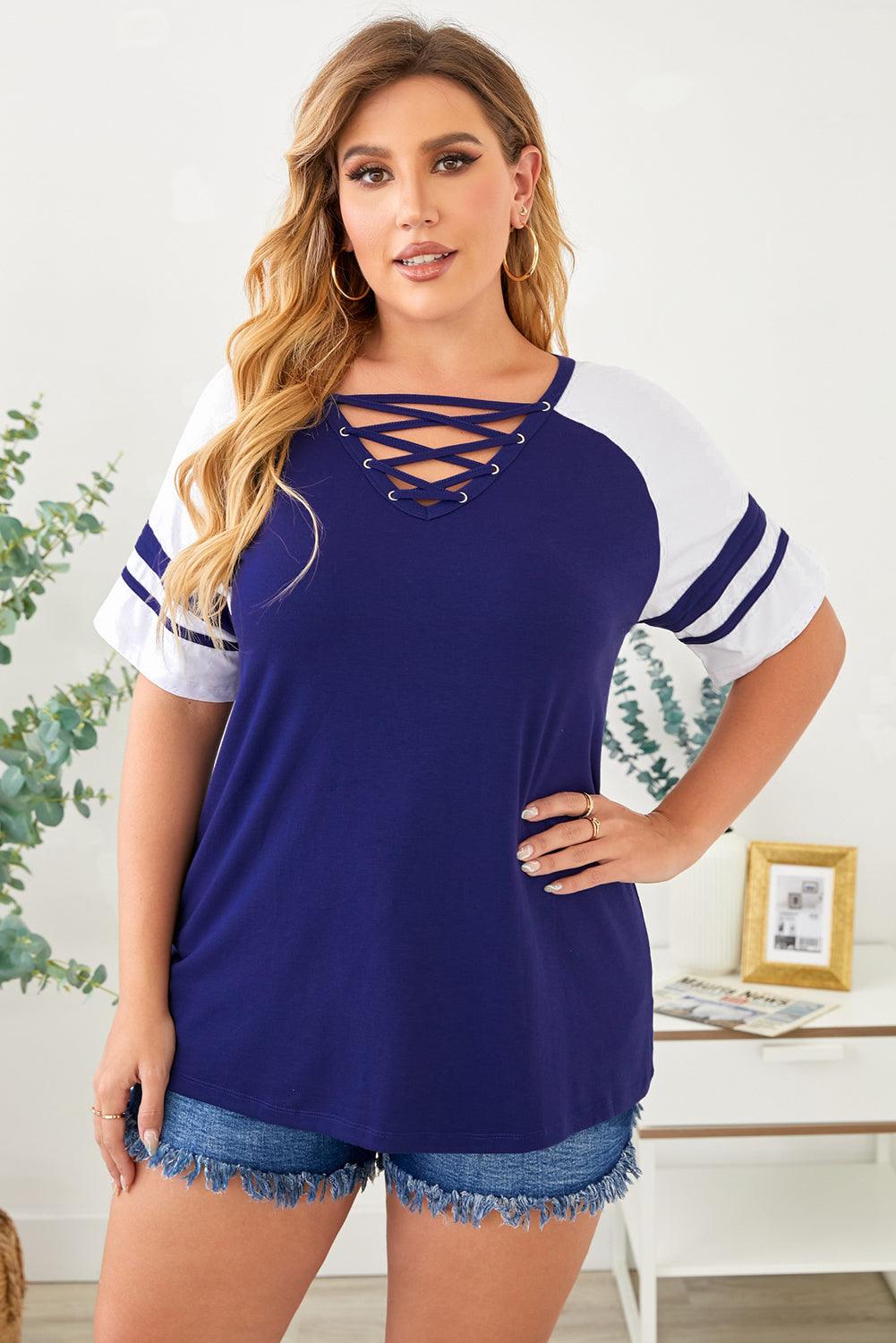 Plus Size Contrast Crisscross Tee Shirt - Flyclothing LLC