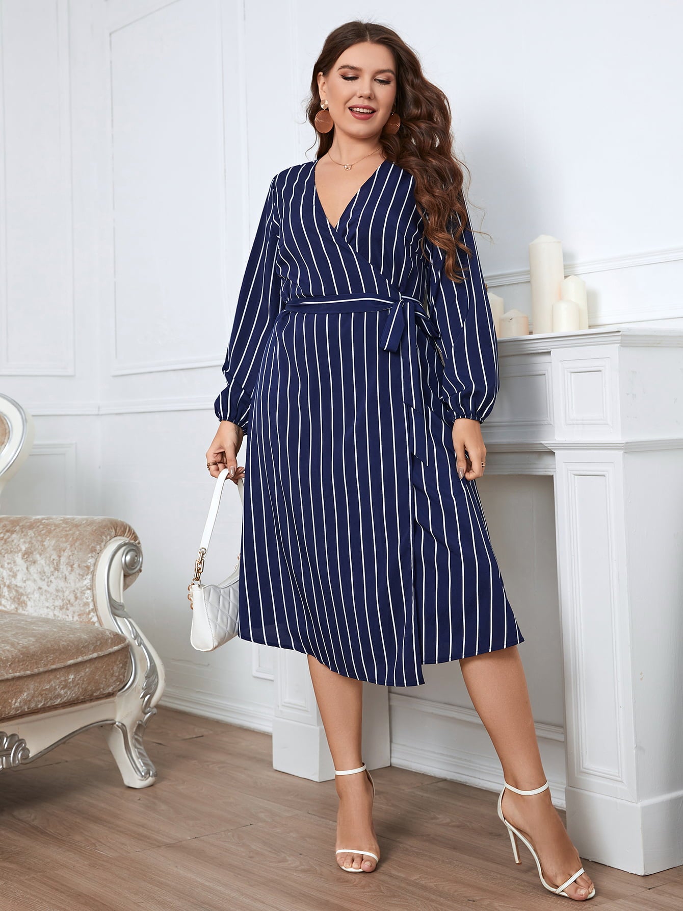 Plus Size Striped Surplice Neck Long Sleeve Dress - Flyclothing LLC