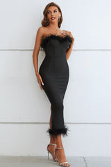 Feather Trim Strapless Sweetheart Neck Dress - Flyclothing LLC