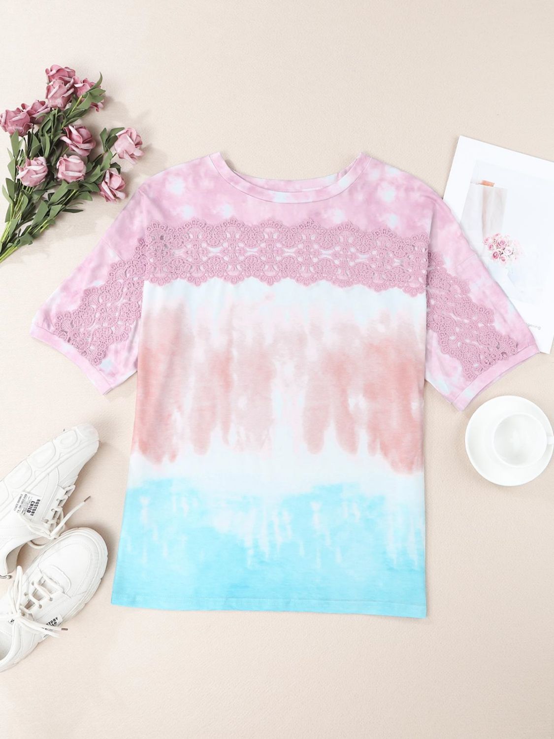 Tie-Dye Lace Trim Round Neck Top - Flyclothing LLC