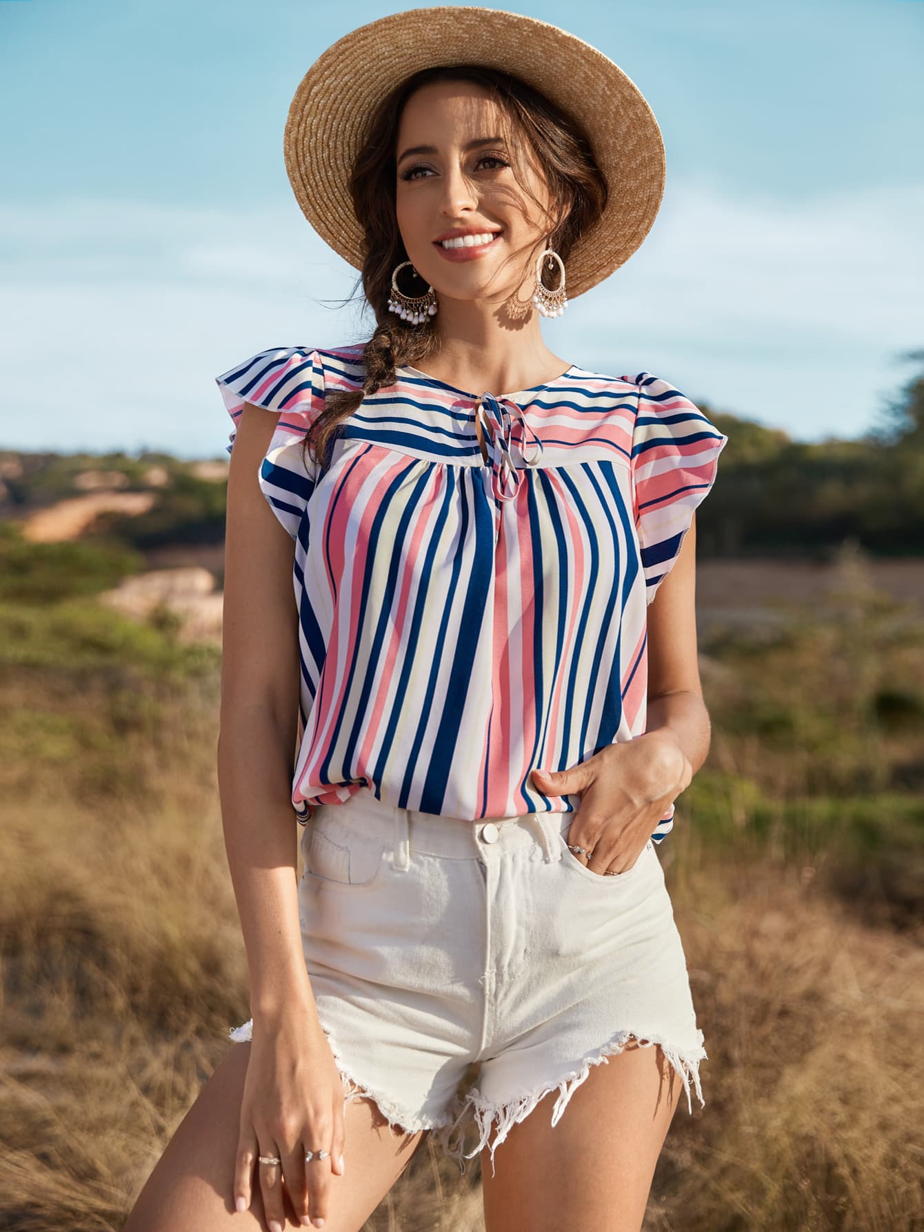 Striped Flutter Sleeve Tied Blouse - Flyclothing LLC