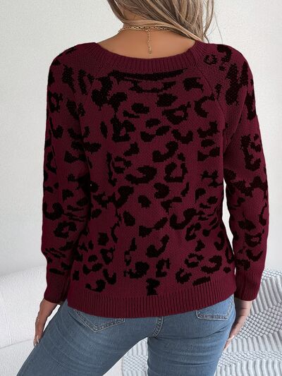 Leopard Buttoned Square Neck Sweater - Flyclothing LLC