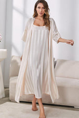 Striped Flounce Sleeve Open Front Robe and Cami Dress Set - Flyclothing LLC