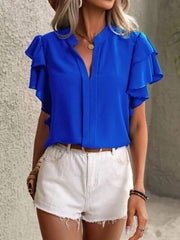 Ruffled Notched Short Sleeve Blouse - Flyclothing LLC