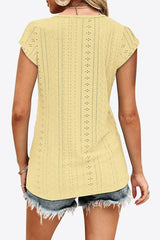 Eyelet Contrast V-Neck Tee - Trendsi