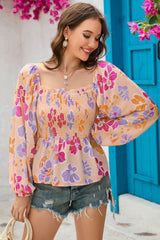 Floral Square Neck Smocked Blouse - Flyclothing LLC