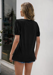 V-Neck Decorative Buttons Puff Sleeve Tee - Flyclothing LLC