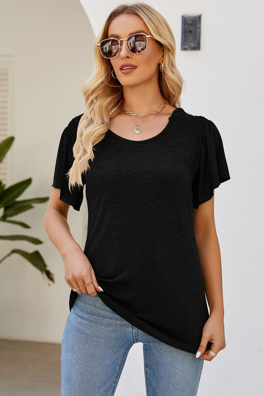 Smocked Round Neck Flutter Sleeve T-Shirt - Flyclothing LLC