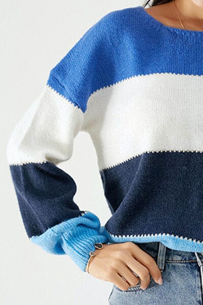 Color Block Dropped Shoulder Sweater - Trendsi