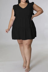 Plus Size V-Neck Frill Trim Mini Dress - Flyclothing LLC