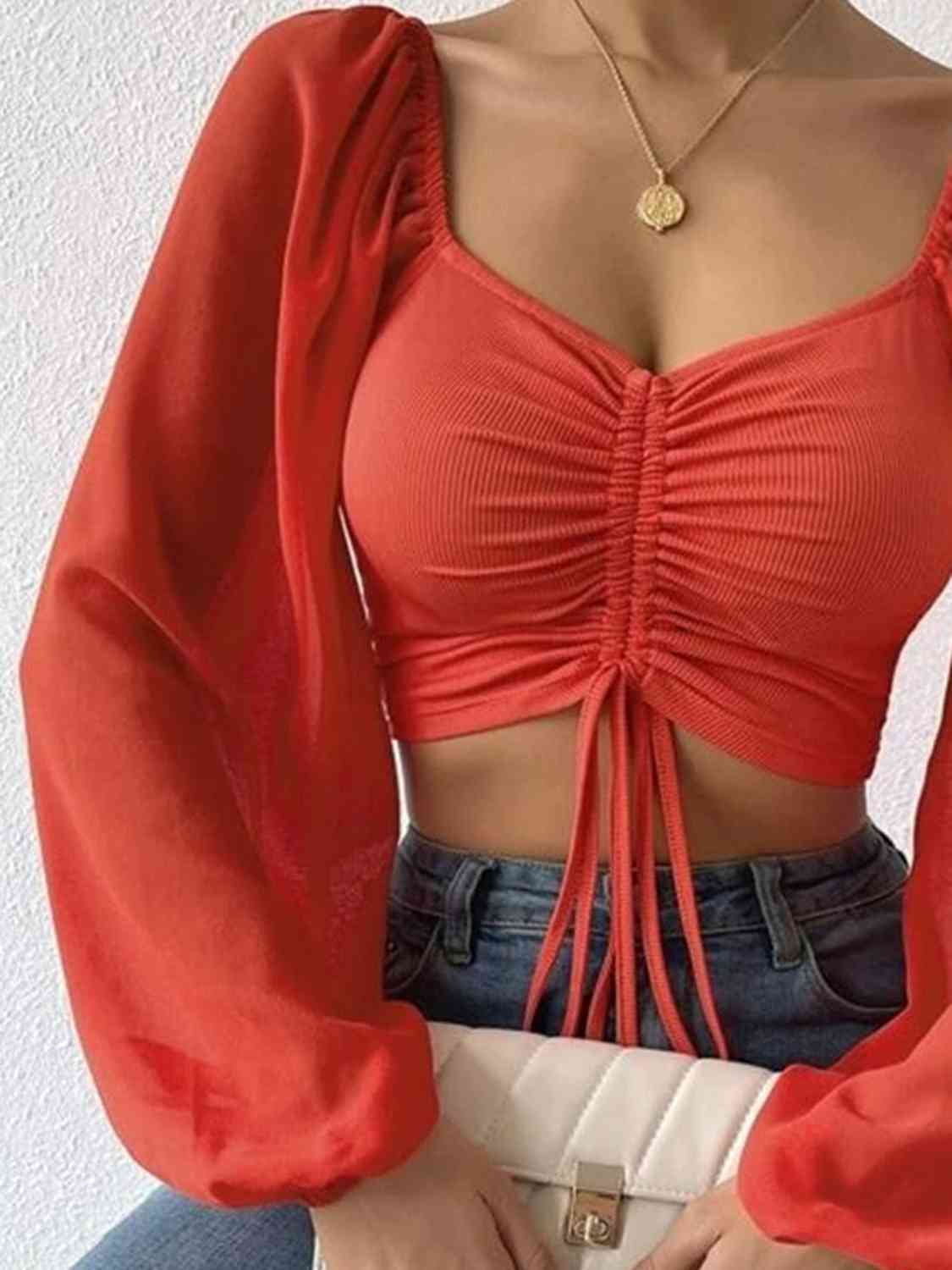 Drawstring Sweetheart Neck Cropped Top - Flyclothing LLC