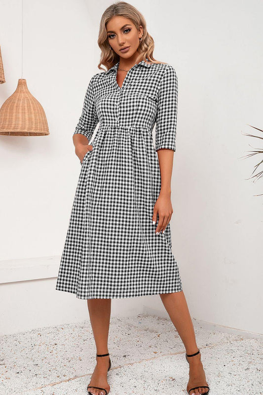 Plaid Collared Neck Midi Dress - Flyclothing LLC