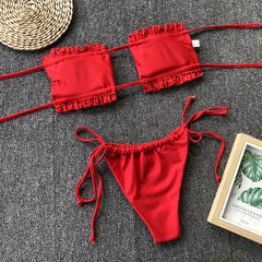 Frill Trim Ruched Bikini Set - Flyclothing LLC