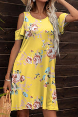 Floral Round Neck Cold-Shoulder Dress - Flyclothing LLC