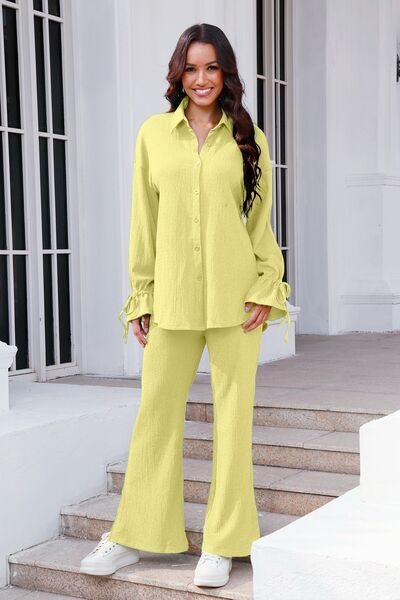 Drawstring Flounce Sleeve Shirt and Pants Set - Flyclothing LLC