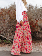 Printed Elastic Waist Pleated Maxi Skirt - Flyclothing LLC