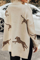 Animal Pattern Mock Neck Long Sleeve Slit Sweater - Flyclothing LLC