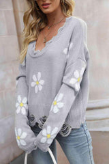 Flower Distressed Long Sleeve Sweater - Flyclothing LLC