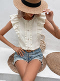 Decorative Button Frill Trim Round Neck Top - Trendsi