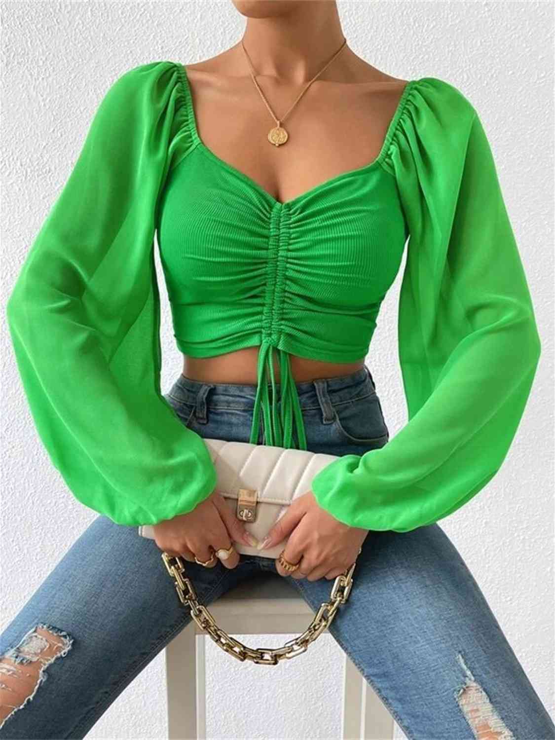 Drawstring Sweetheart Neck Cropped Top - Trendsi