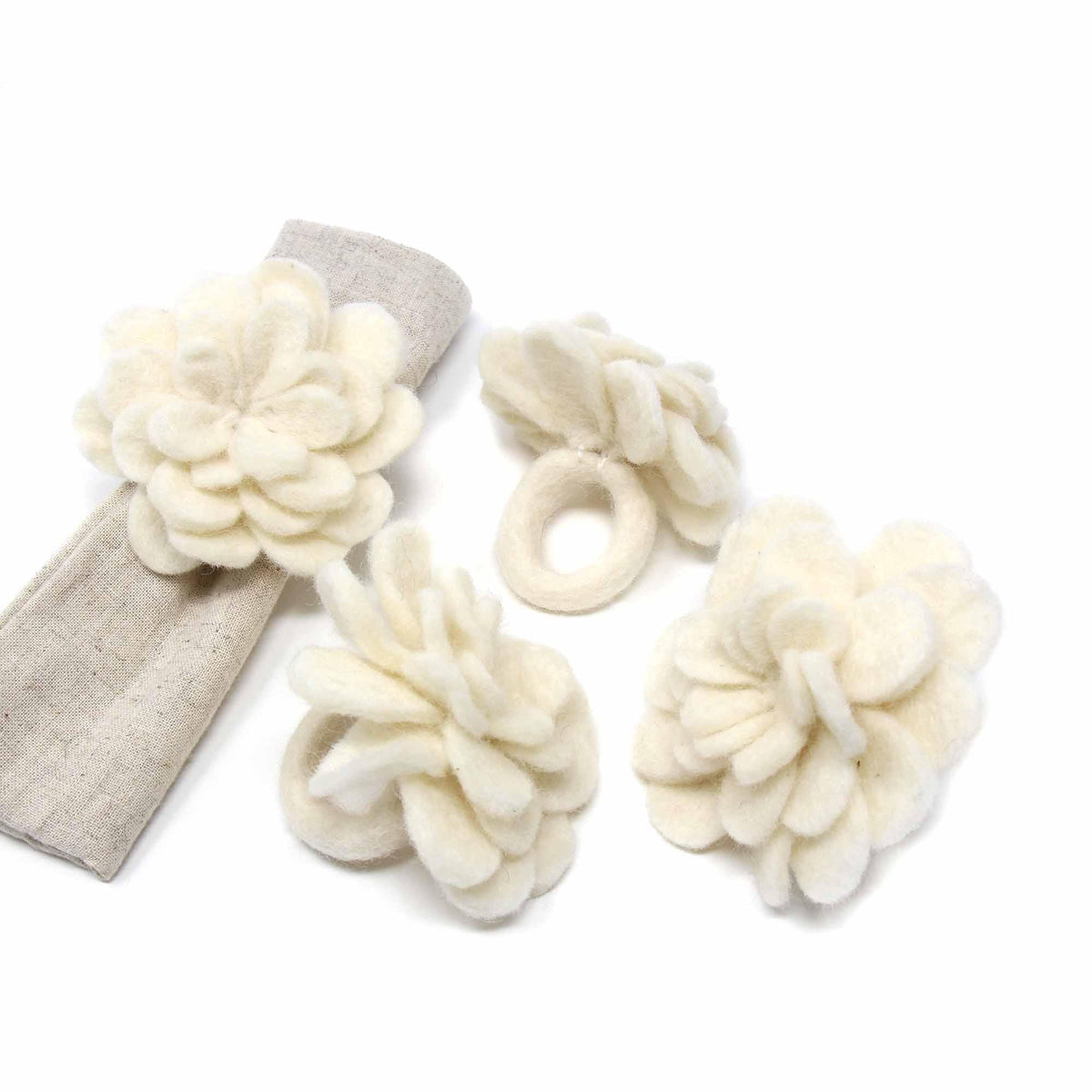 Set of 4 Felt Napkin Rings, Cream Zinnias - Flyclothing LLC