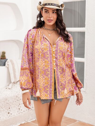 Plus Size Tie Neck Tassel Printed Blouse - Flyclothing LLC