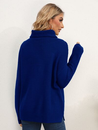 Slit Turtleneck Dropped Shoulder Sweater - Flyclothing LLC