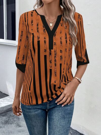 Striped Notched Half Sleeve Blouse - Flyclothing LLC