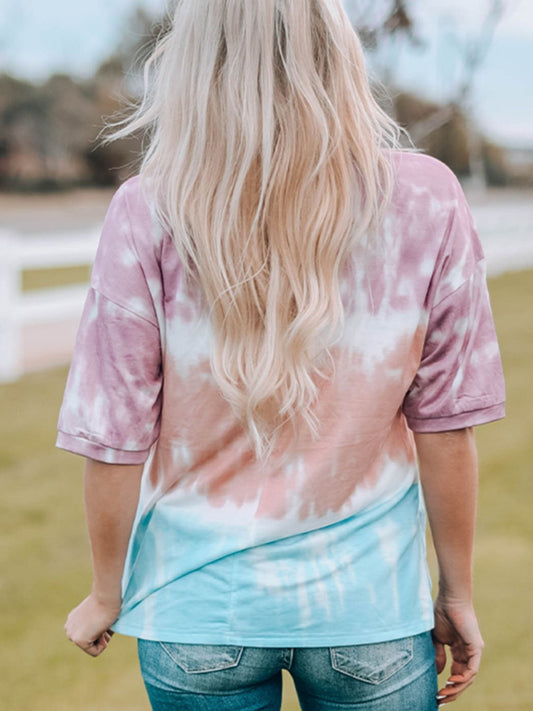 Tie-Dye Lace Trim Round Neck Top - Flyclothing LLC