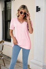 Eyelet Flounce Sleeve Scalloped V-Neck Top - Flyclothing LLC