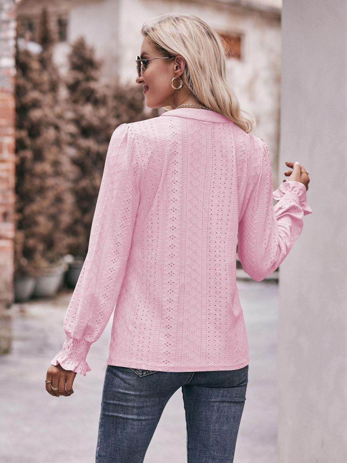 Eyelet Notched Neck Flounce Sleeve Blouse - Trendsi