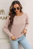 Ribbed Openwork Sleeve Round Neck Pullover Sweater - Flyclothing LLC