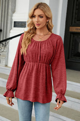 Round Neck Flounce Sleeve Blouse - Flyclothing LLC