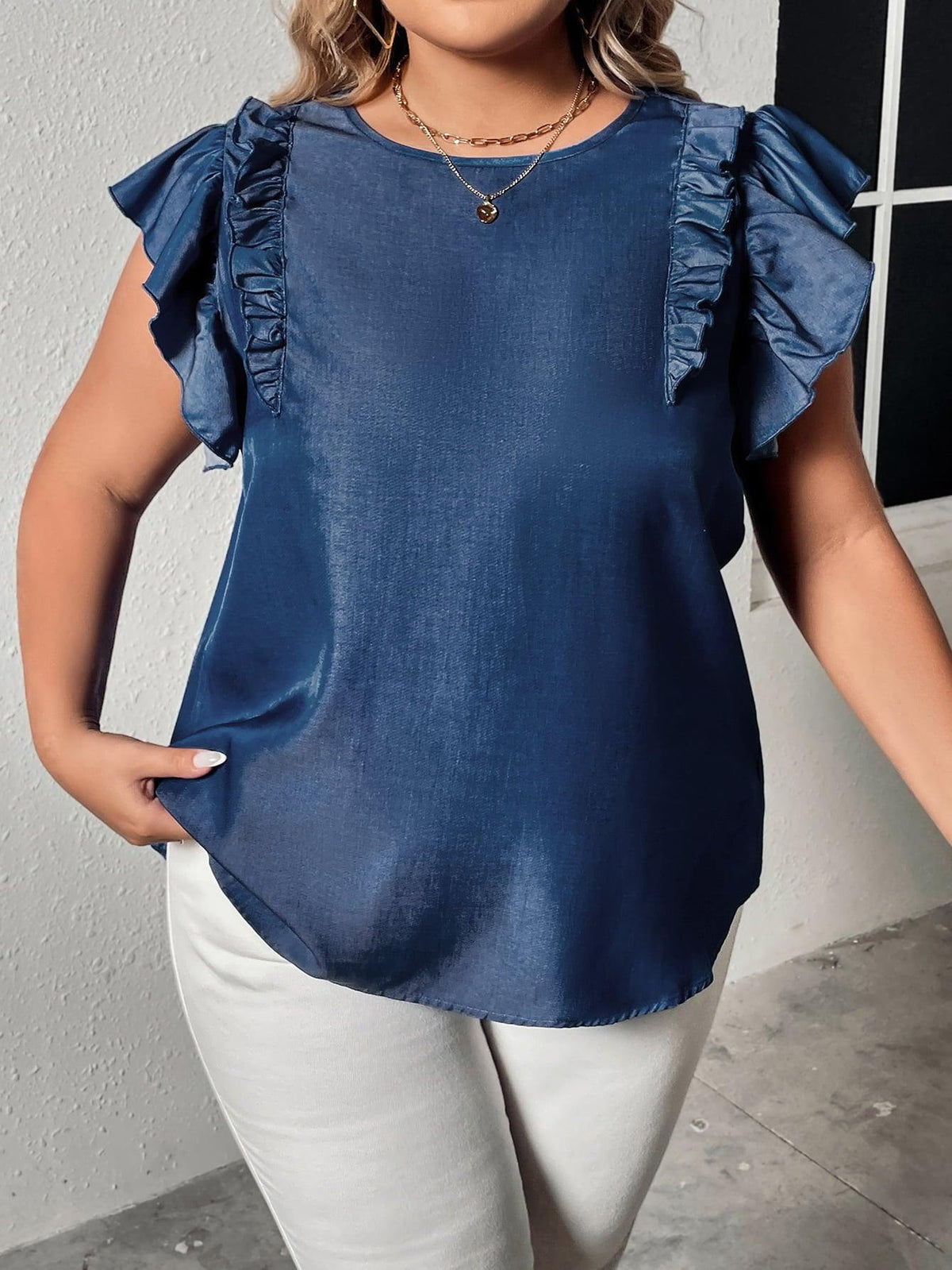 Plus Size Round Neck Flounce Sleeve Frill Trim Blouse - Flyclothing LLC