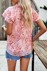 Printed Ruffled Mock Neck Blouse - Flyclothing LLC