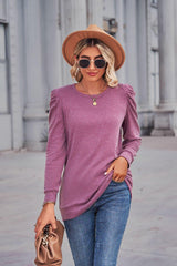 Heathered Puff Sleeve Round Neck Tunic Top - Trendsi