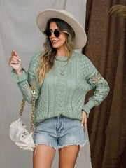 Eyelet Crochet Lantern Sleeve Sweater - Trendsi