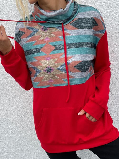 Geometric Drawstring Long-Sleeve Sweatshirt - Flyclothing LLC