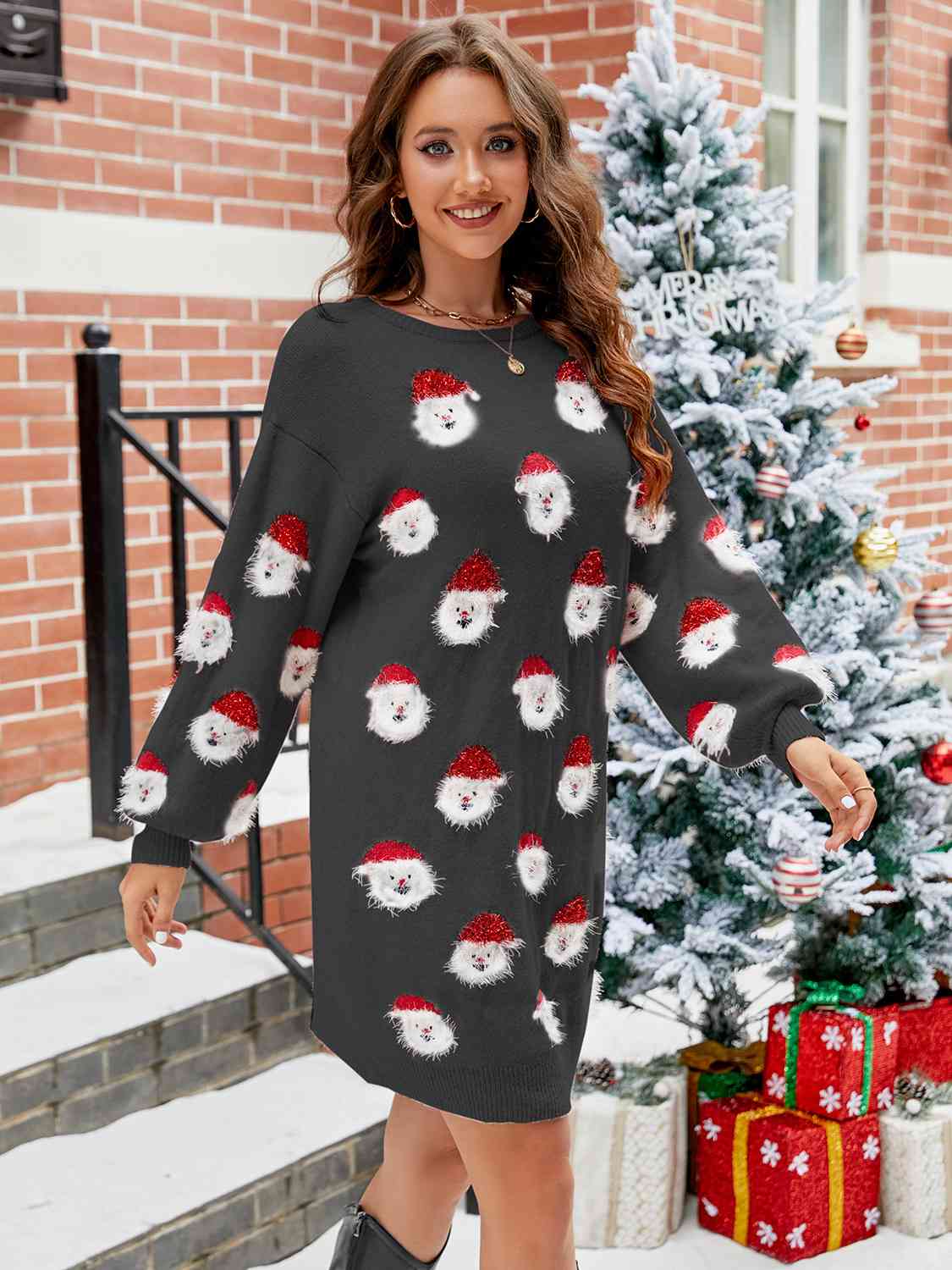 Round Neck Dropped Shoulder Sweater Dress - Flyclothing LLC